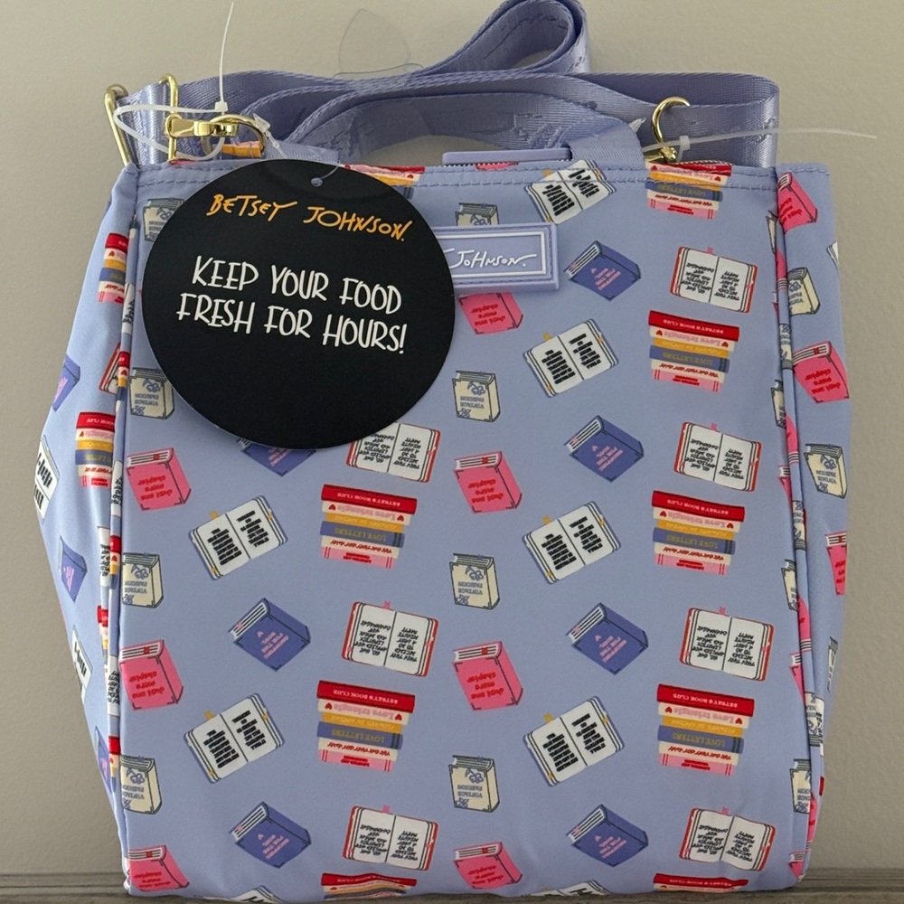 NEW Betsey Johnson Lilac/White/Multi Color "Books" Insulated Lunch Tote Bag
